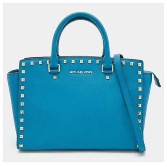 Michael Kors Blue Leather Studded Selma Satchel with Duster Bag - Picture 1 of 14